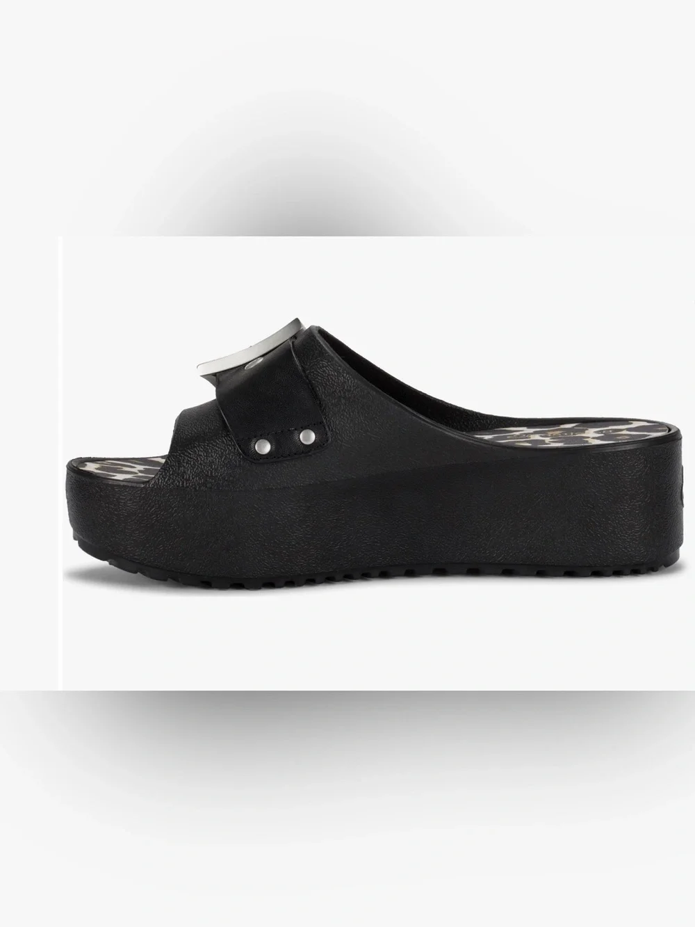 Baretraps Pacey Black Platform Slide Sandals Leopard Buckle Women’s NWOT